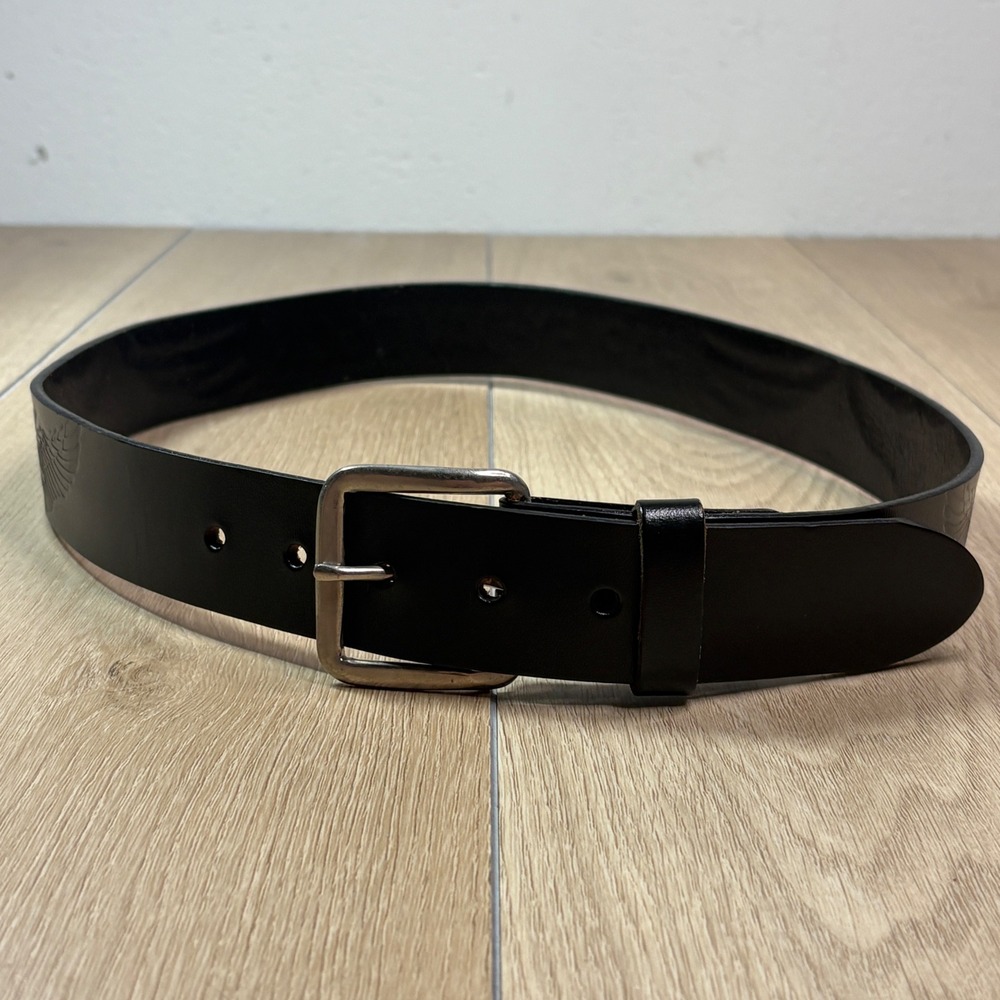 Harley-Davidson Mens Black Genuine Leather Embossed Wing Logo Belt Made USA 34